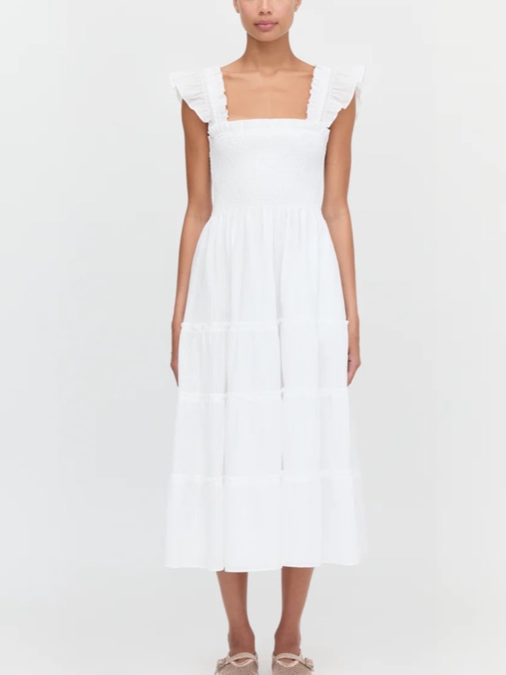 White Smocked Midi Dress with Ruffle Straps
